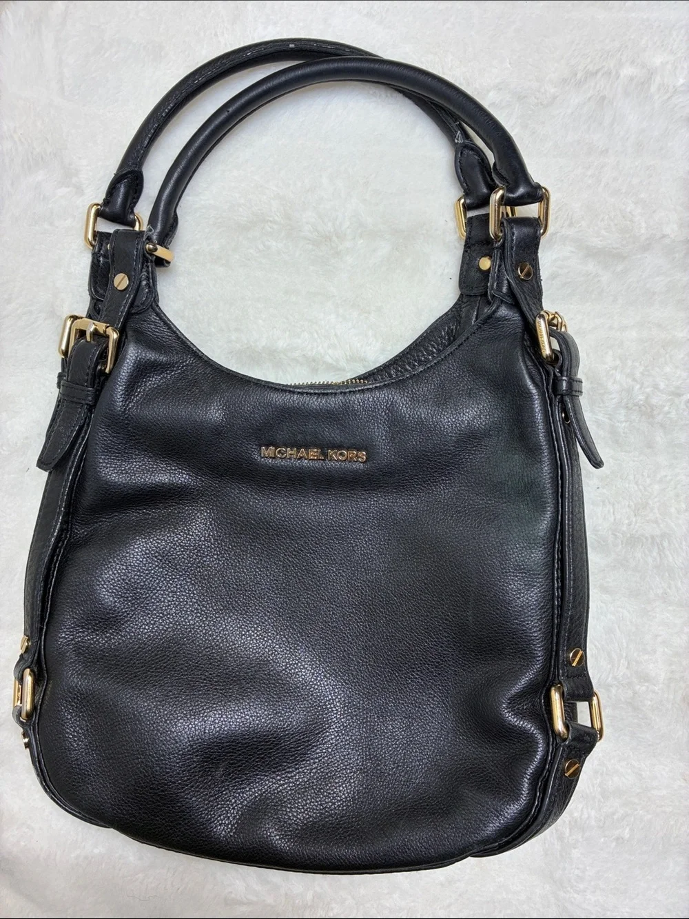 Michael Kors Black Pebbled Leather Shoulder Bag with Gold Hardware